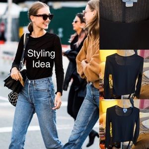 SALE!! DEAL!! Vtg. Y2K MINIMALIST Black Mini-Rib Long Sleeve Fitted Stretch Top﻿